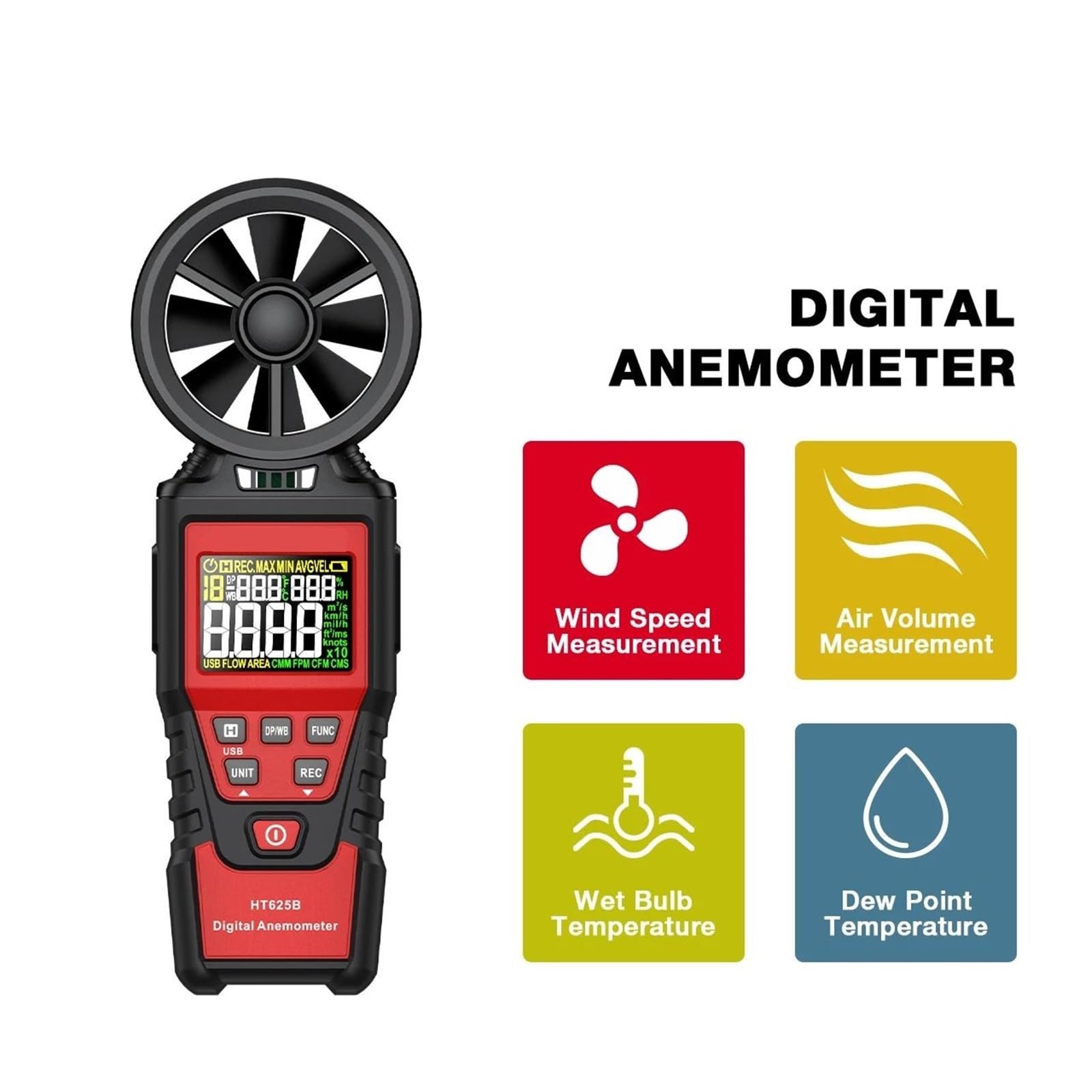 Anemometry, Cyfrowy anemometr, przenośny ręczny miernik prędkości wiatru, miernik wiatru, wyświetlacz LCD, miernik temperatury(HT625B)