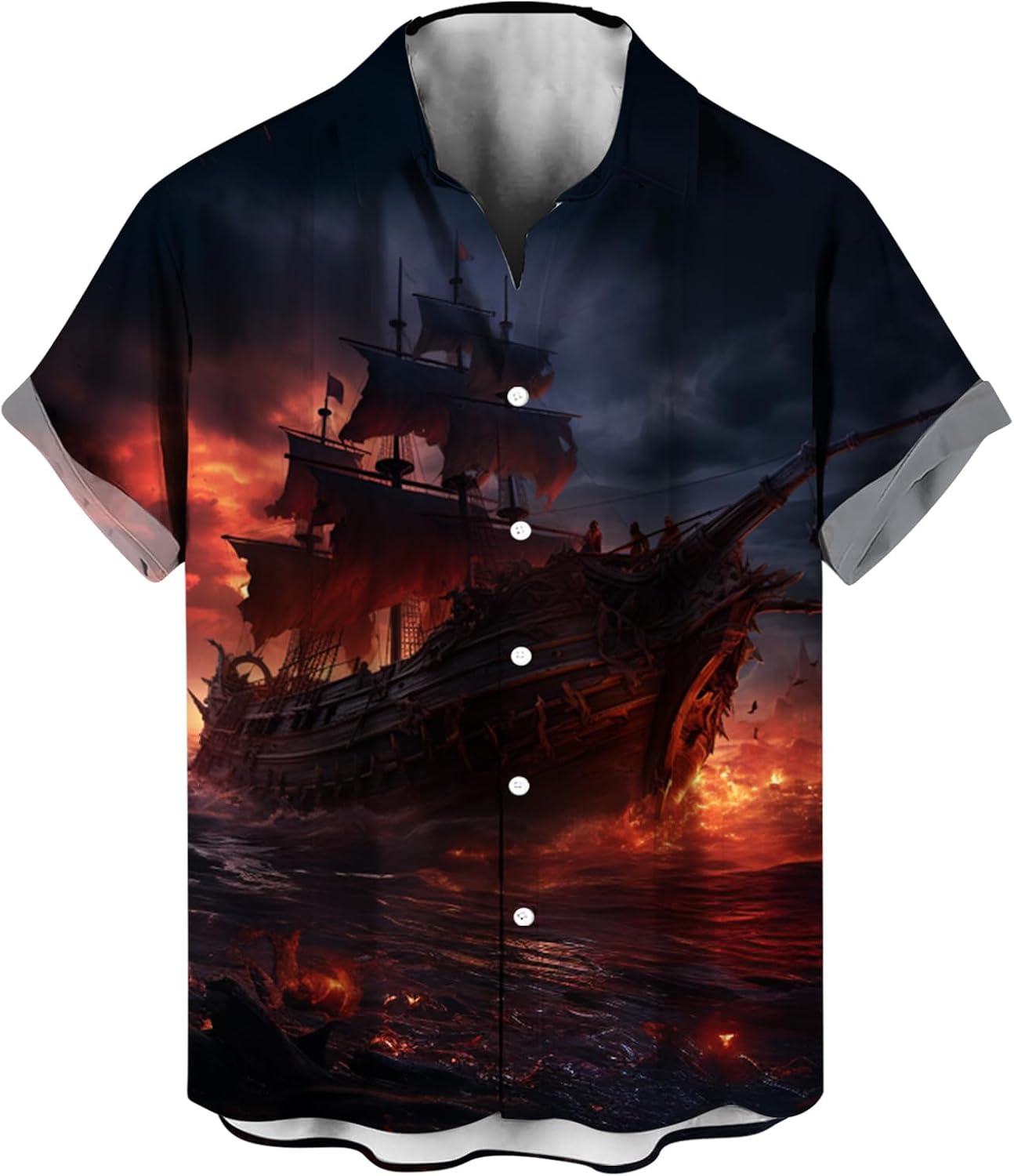 LAOLIUSN Funny Pirate Shirt Pirate Ship Graphic Short Sleeved Button Shirt