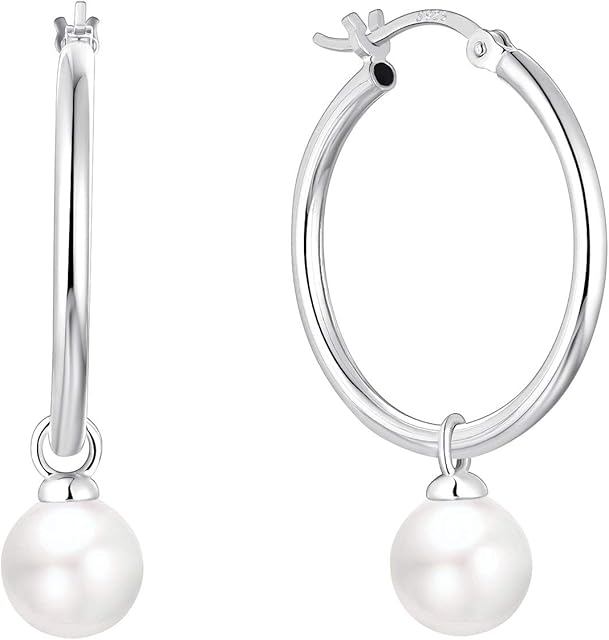 JO WISDOM Pearl Hoop Earrings,925 Sterling Silver 7mm / 8MM Pearl Drop Earrings with White Gold Plated,Wedding Earrings for Women Girl