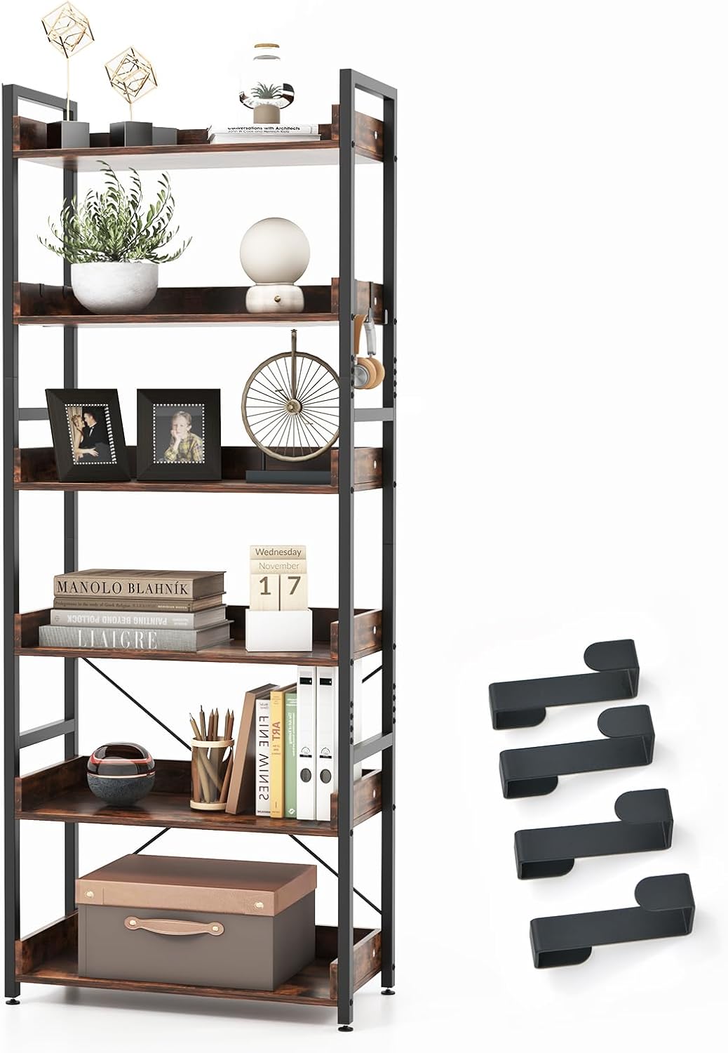 Giantex Industrial 6-Tier Bookshelf, 70" Tall Freestanding Storage Display Shelf with 4 Hooks, Anti-Tipping Device, Adjustable Foot Pads, Wooden Floor Open Display Shelving, Bookcase Shelf Rack