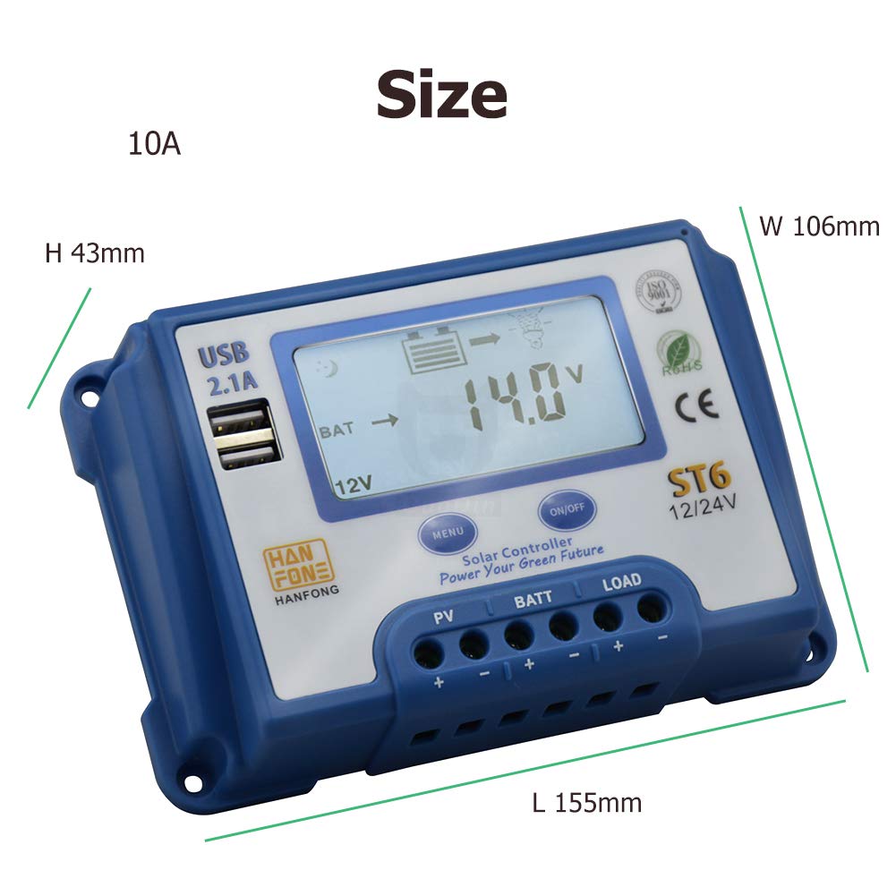 SolaMr 10A Regolatore di Carica Solare 12V/24V Regolatore Intelligente con Display LCD e Doppia Porta USB per Batteria Pannello Solare - 10A