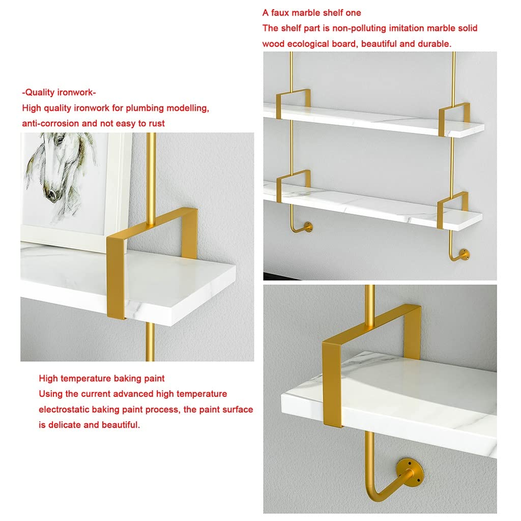 Mensola da parete in stile scandinavo con strato in legno massello che imita la trama del marmo e staffa in ferro dorato, libreria da parete e scaffale decorativo per casa e ufficio (3 ripiani, 80 cm)