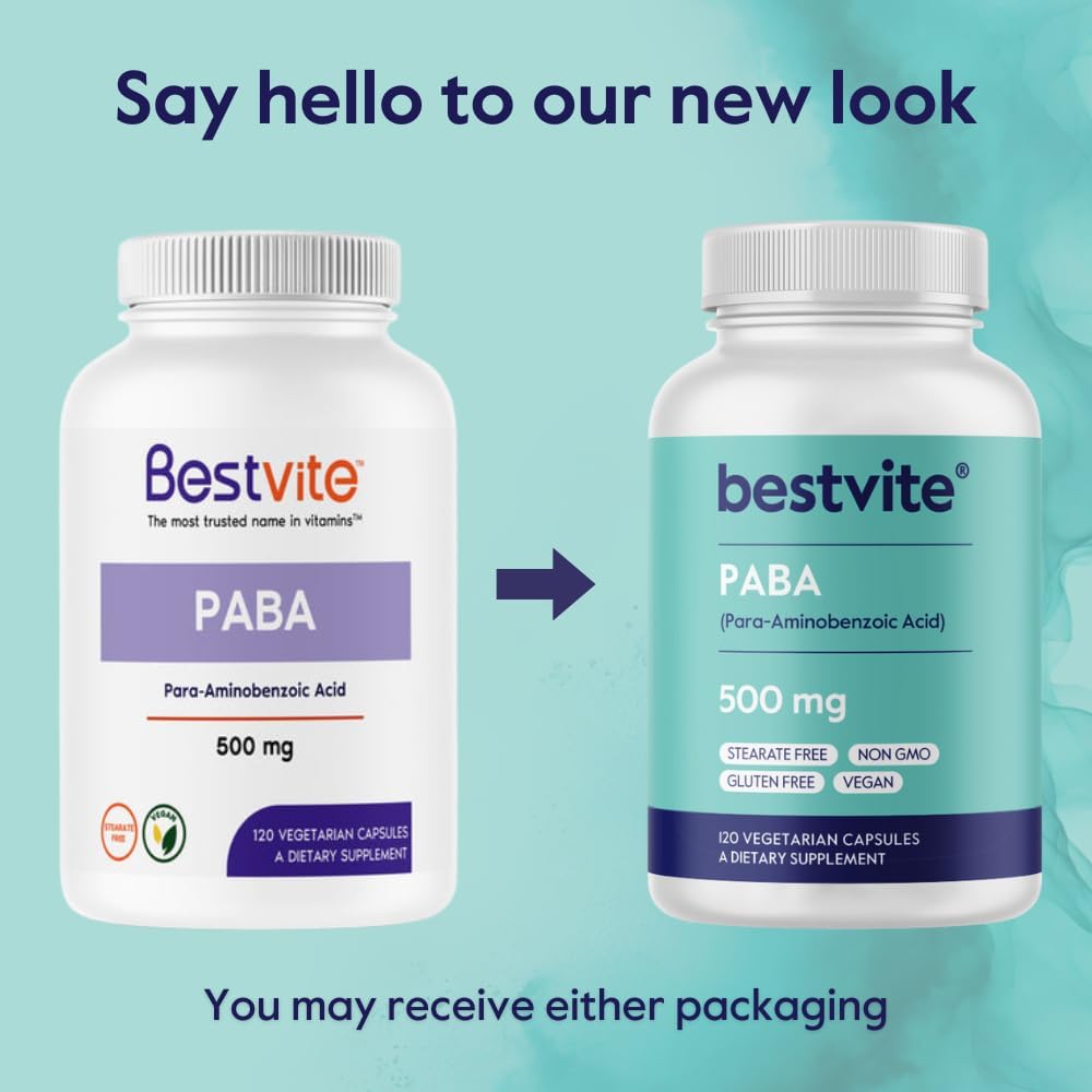 BESTVITE PABA 500mg (240 Vegetarian Capsules) (120 x 2) (para-Aminobenzoic Acid) - No Stearates - Vegan - Non GMO - Gluten Free