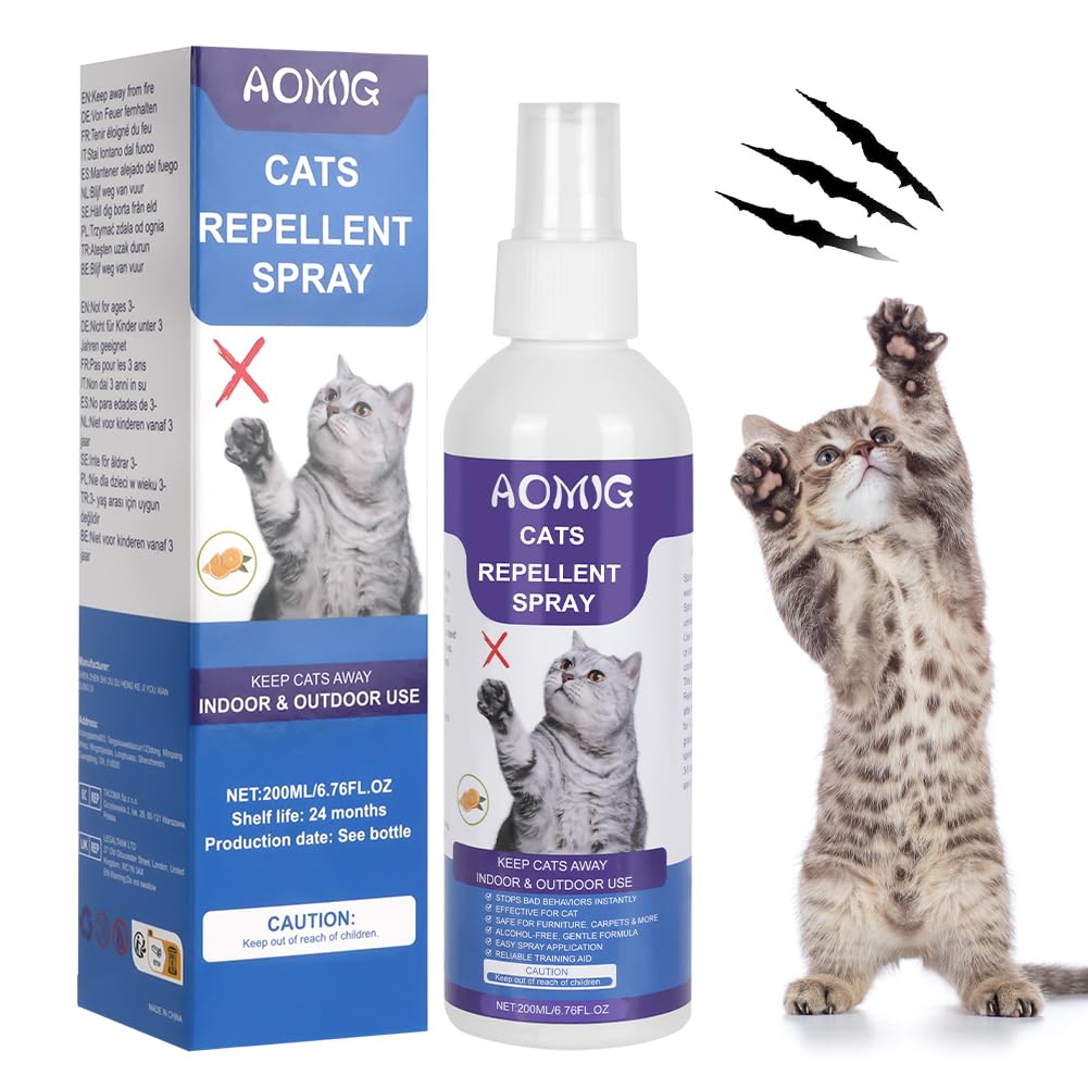 Aomig Katzenabwehrspray Anti Katzen Spray Knabberstopp Innen AuBen Katzenabwehr für Sofa Tür Möbel Natürliches Katzen Fernhaltespray Sofort Wirksames katzenspray Antikratzspray Katz Abwehrspray(200ml)