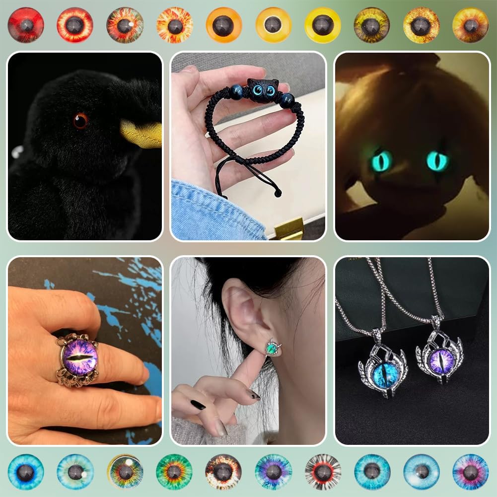 PH PandaHall 12mm Luminous Animal Eyes for Halloween, 100pcs Eyes Glass Cabochons 50 Style Glow in The Dark Eyes Half Round Dome Glass Cabochons for Puppet Crochet Animal Bear Eye Making