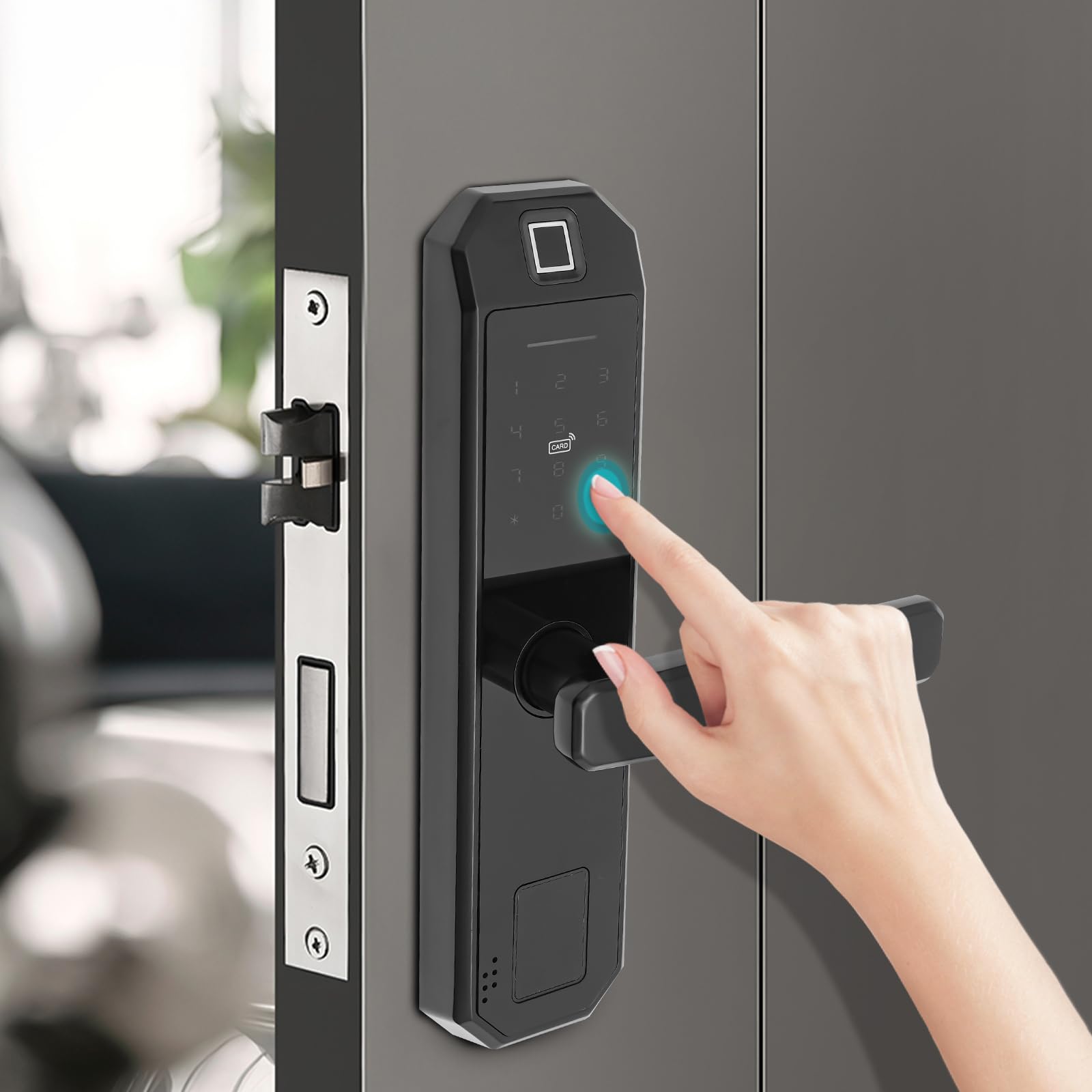 Fingerprint Serratura intelligente Antifurto serratura nera con scheda RFID, impronte digitali e password di sblocco serratura digitale per famiglie