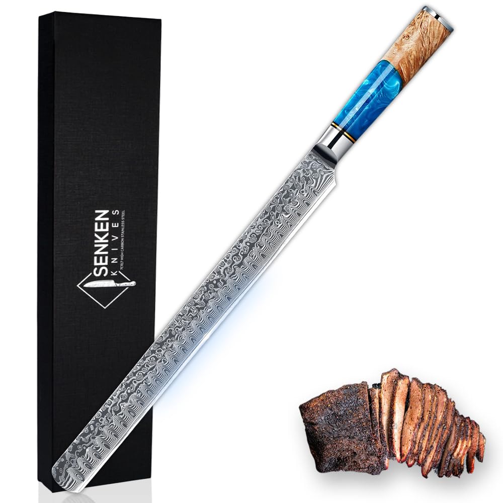 SENKEN 12" Damascus Steel Brisket Knife - Tsunami Collection - 67-Layer Japanese VG10 Steel with Blue Resin Burl Wood Handle - Ultra Sharp Carving