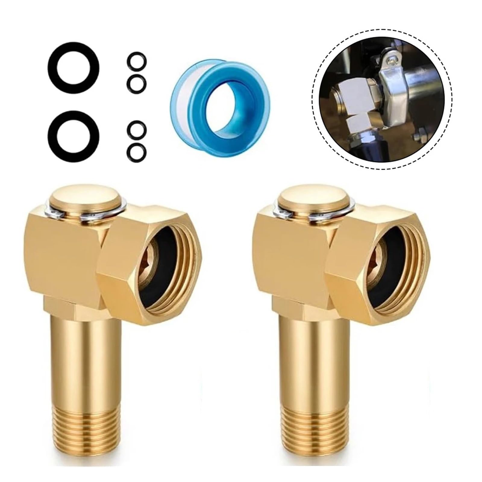 Conector de carrete de manguera de jardín, adaptador de codo giratorio de 3/4 pulgadas GHT a 1/2 NPT macho con arandelas adicionales y cinta de sellado(2PCS)