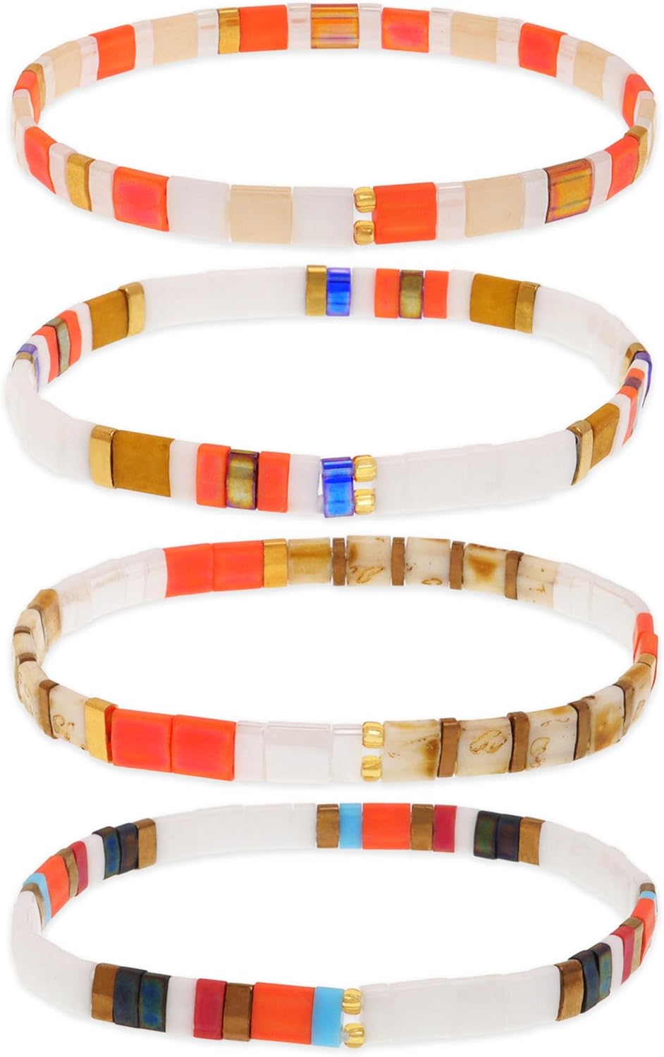 Tila Flat Beaded Bracelets Set for Women, 4Pcs Trendy Miyuki Glass Stack Beads Stretch Bracelet Outfit Accessories Jewelry Gift.