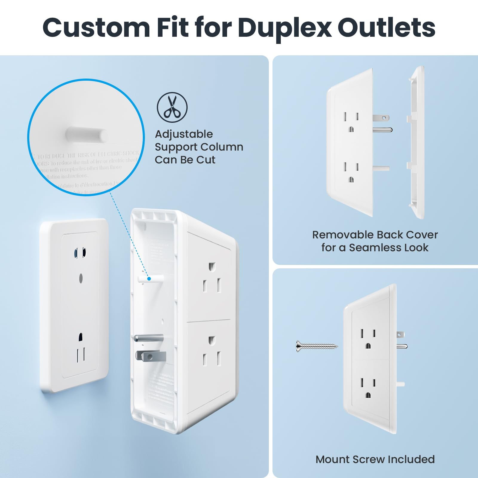 Parasurtenseur multiprise – Rallonge POWSAF 5 prises avec 4 ports USB (2 ports rapides USB-C) et veilleuse, multiprise à 3 côtés avec adaptateur de prises espacées – ETL, blanc