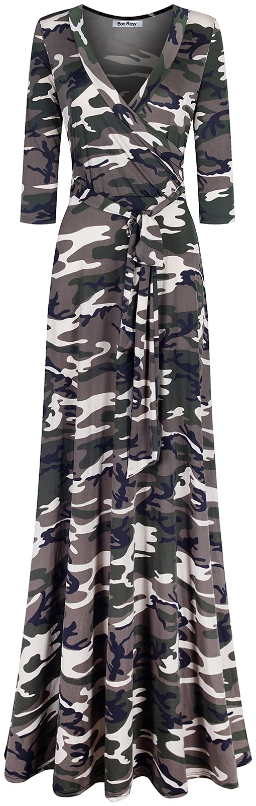 Bon RosyWomen's Silky and Stretchy 3/4 Sleeve Deep V-Neck Floral Printed Maxi Faux Wrap Dress