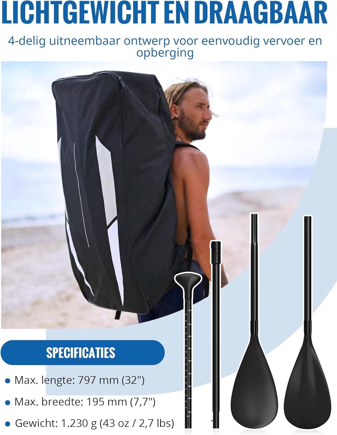 2-in-1 SUP Paddel [Carbon oder Aluminium], 4-teilig faltbar & verstellbar, mit verstärkten PP-Blättern, für Kajak und Stand Up Paddle Board