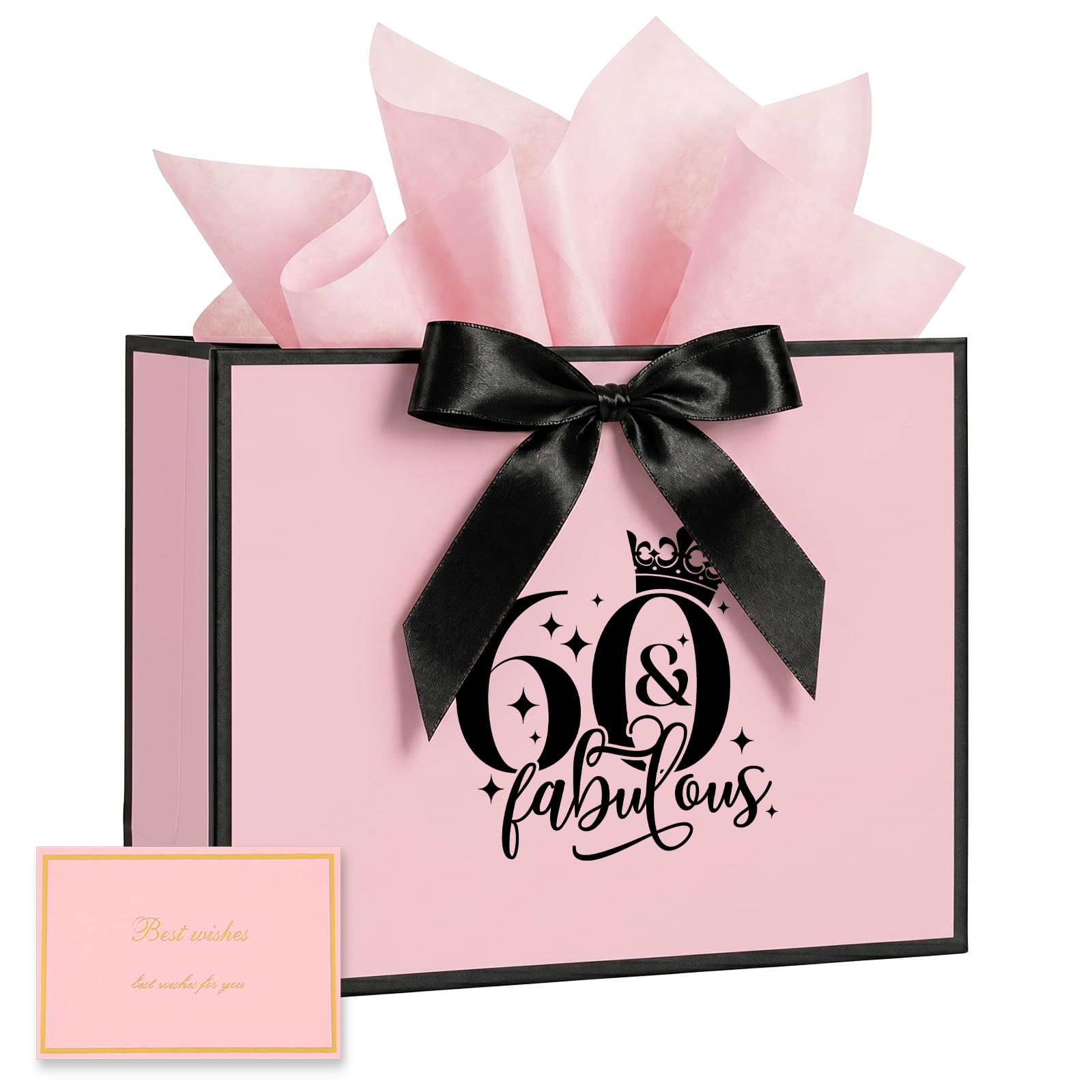 60th Birthday Gift Bag with Tissue Paper and Card, 60th Birthday Party Gifts Bag for Women and Men, Medium Gift Bags for Birthdays Party, Anniversary, Presents (Pink) — image 1