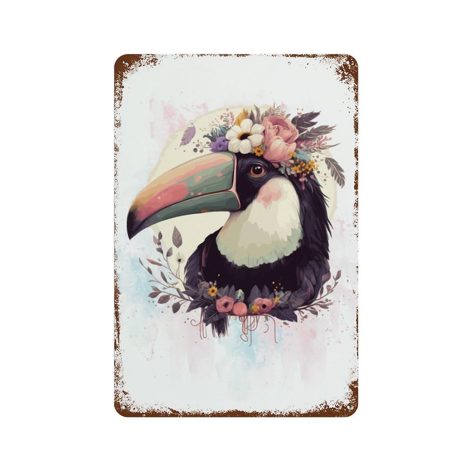 Vintage Rust Metal Sign with Floral Toucan Painting Design 11.8"x7.9", for Office, Studio And Wall Decor, Farmhouse Wall Decor