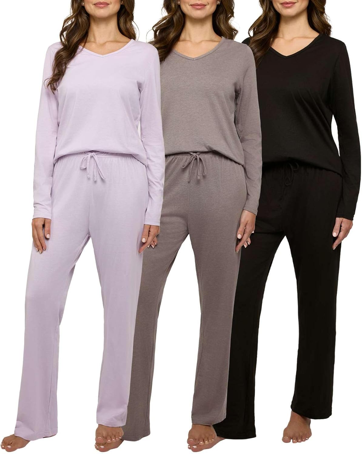 Real Essentials 3 Pack Women's Soft Cotton Long Sleeve Pajama Set with Pants - Lounge Sets for Women (Available In Plus)