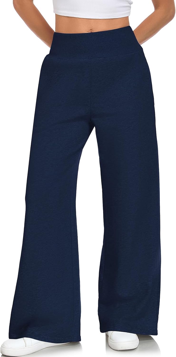 ALSOGO Women's Wide Leg Sweatpants Ribbed High Waist Straight Leg Baggy Lounge Pants Loose Workout Joggers with Pockets
