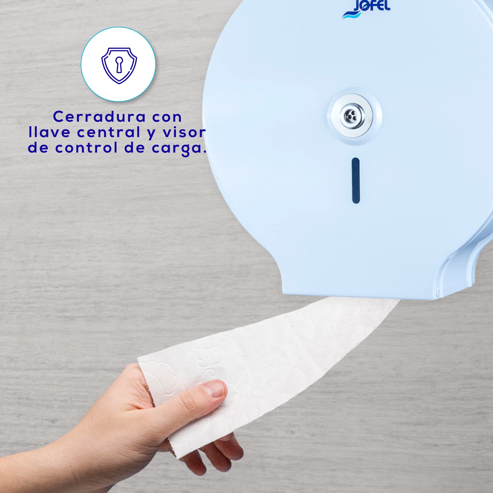 Jofel - Portarrollos de Papel Higiénico Industrial Grande, Dispensador de Papel en Rollos hasta 400m, max. 260mm de Diámetro, Mandril de 18 a 55mm, Carcasa Acero Laminado Blanco, Clásico AE13300
