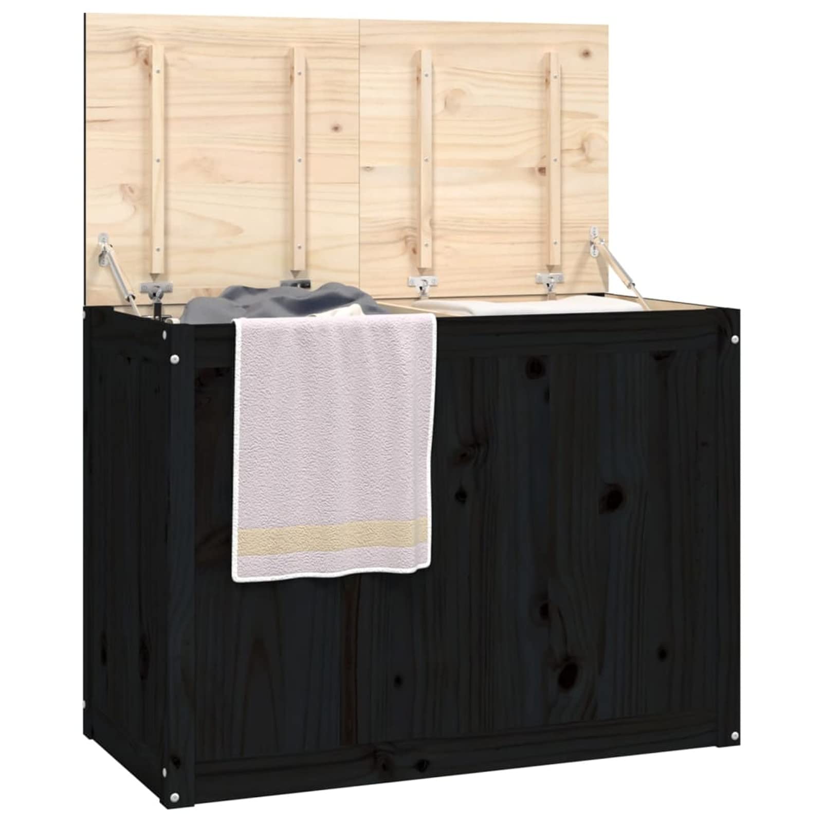 Homgoday Caja para la colada negra 88,5 x 44 x 66 cm madera maciza de pino, muebles, baúles y baúles, contenedor de jardín, porta herramientas de jardín, puf de exterior, baúl de exterior