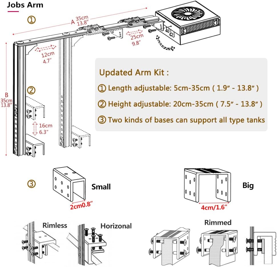 Diagram showing the adjustable arm mounting kit for the PopBloom RS90 light, with dimensions and different base types for rimless, horizontal, and rimmed tanks.