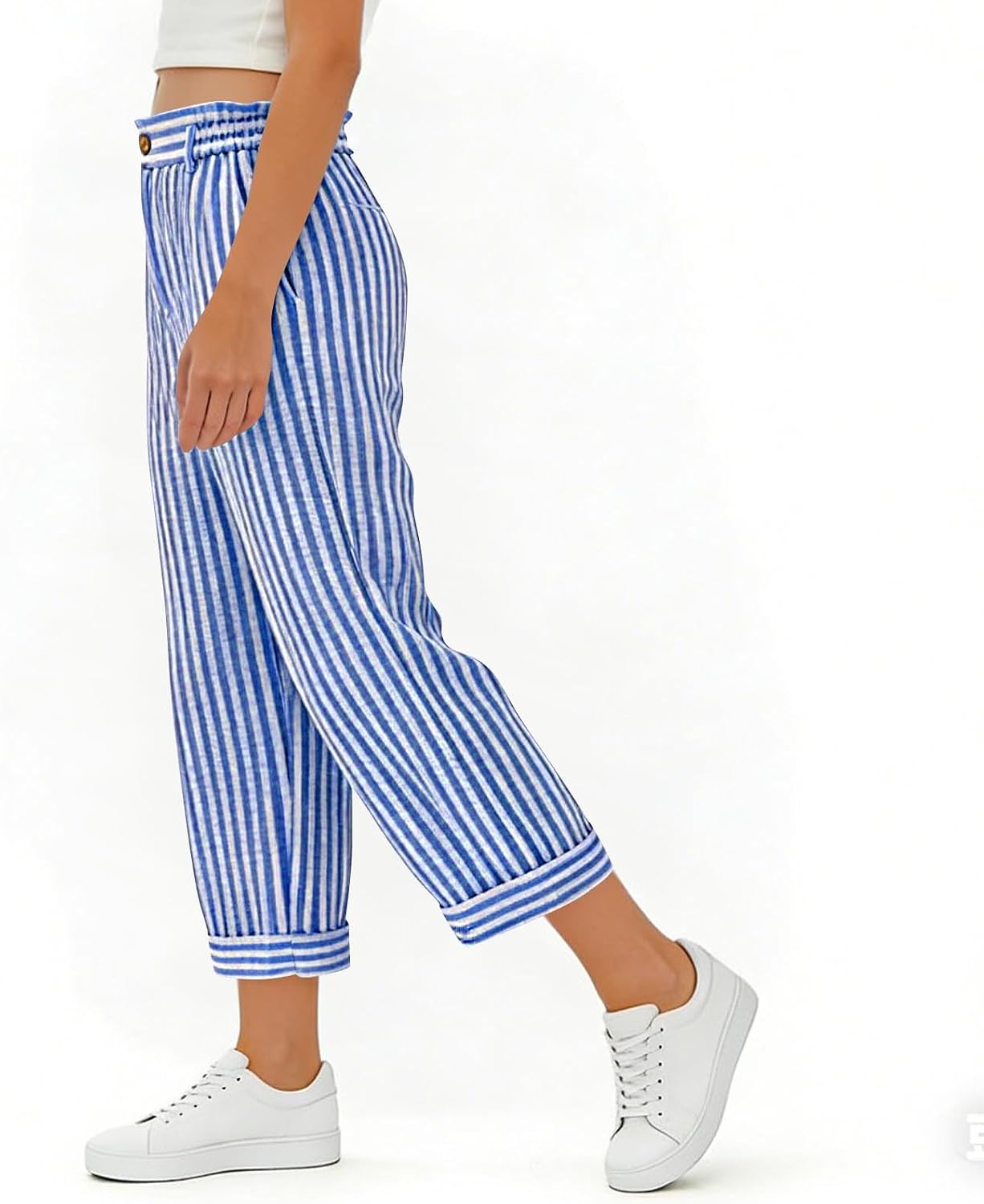 Women's Striped Capri Pants Wide Leg High Elastic Waist Casual Comfy Cropped Pant Summer Beach Vacation Trousers