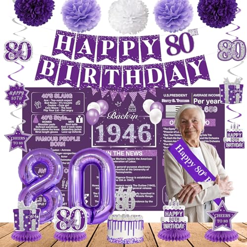 Image of Crenics Purple 80th Birthday Decorations for Women - Back in 1946 Backdrop, Banner, Swirls, Centerpieces, Sash, Paper Pom Poms, Cake Topper and Balloons for 80 Birthday Party Supplies