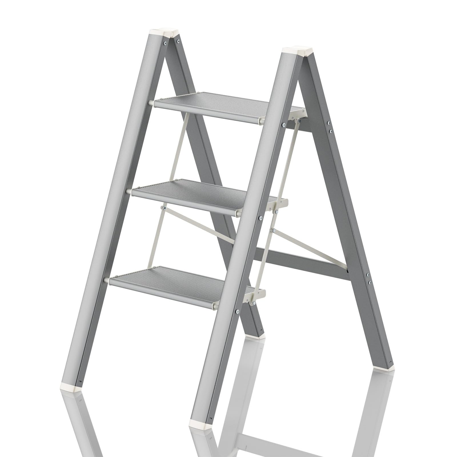 3 Step Ladder Folding Step Stool, Portable Sturdy Aluminum Ladder with Anti-Slip Pedal, Lightweight Grey Step Stools for Adults, 330 lbs Capacity, Perfect for Home Kitchen Library, Grey