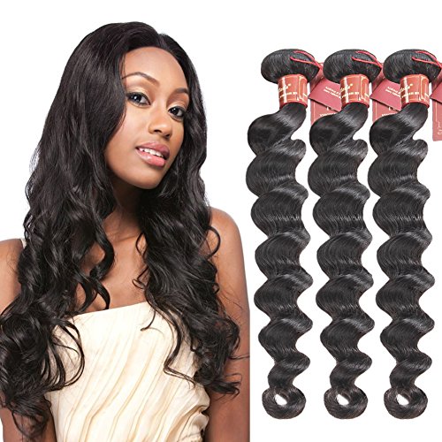 Brazilian Virgin Hair Loose Wave 3 Bundles, Grade 8A Unprocessed Remy Human Hair Extensions Weft Natural Black Color (14 16 18)