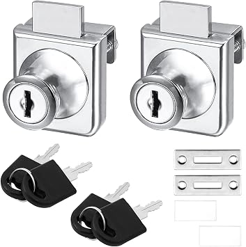 Glass Cabinet Lock 2 Pack   Security Display Cabinet Locks for 5-8mm Glass Doors, No Drilling Required, Zinc Alloy with 2 Keys per Lock   Replacement Locks for Showcases, Cam Lock, Drawer Lock