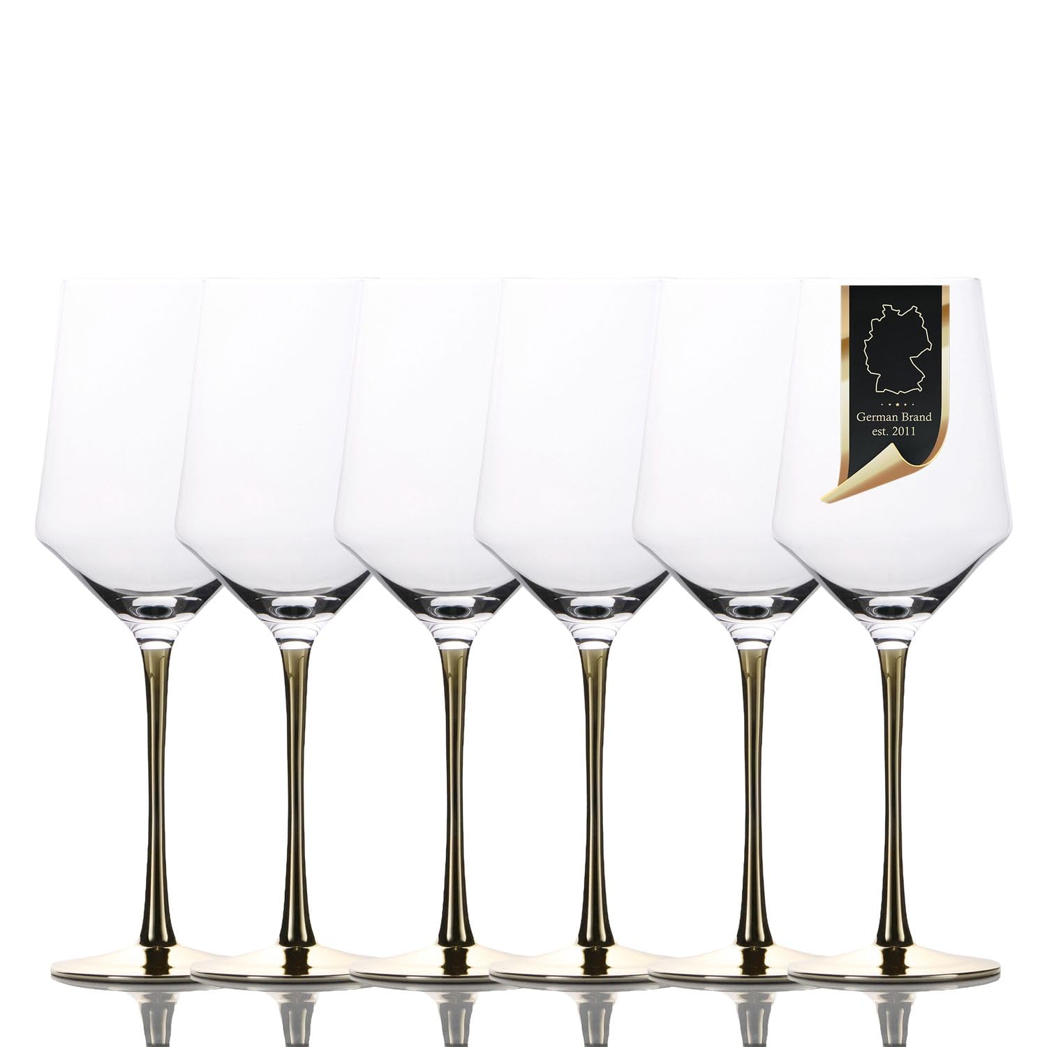 INTIRILIFE 6x Wein Glas mit goldfarbenem Stiel - 380 ml Füllmenge - Rotwein Weißwein Glas Kelch Kristallglas stoßfest