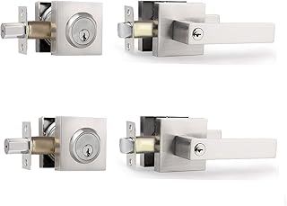 Exterior Door Lock Set with Deadbolt, Front Door Handle Set with Deadbolt, Door Levers Single Cylinder Deadbolt Set, Keyed Alike Heavy Duty Keyed Entry Handles Locksets,(Satin Nickel ,2Pack)