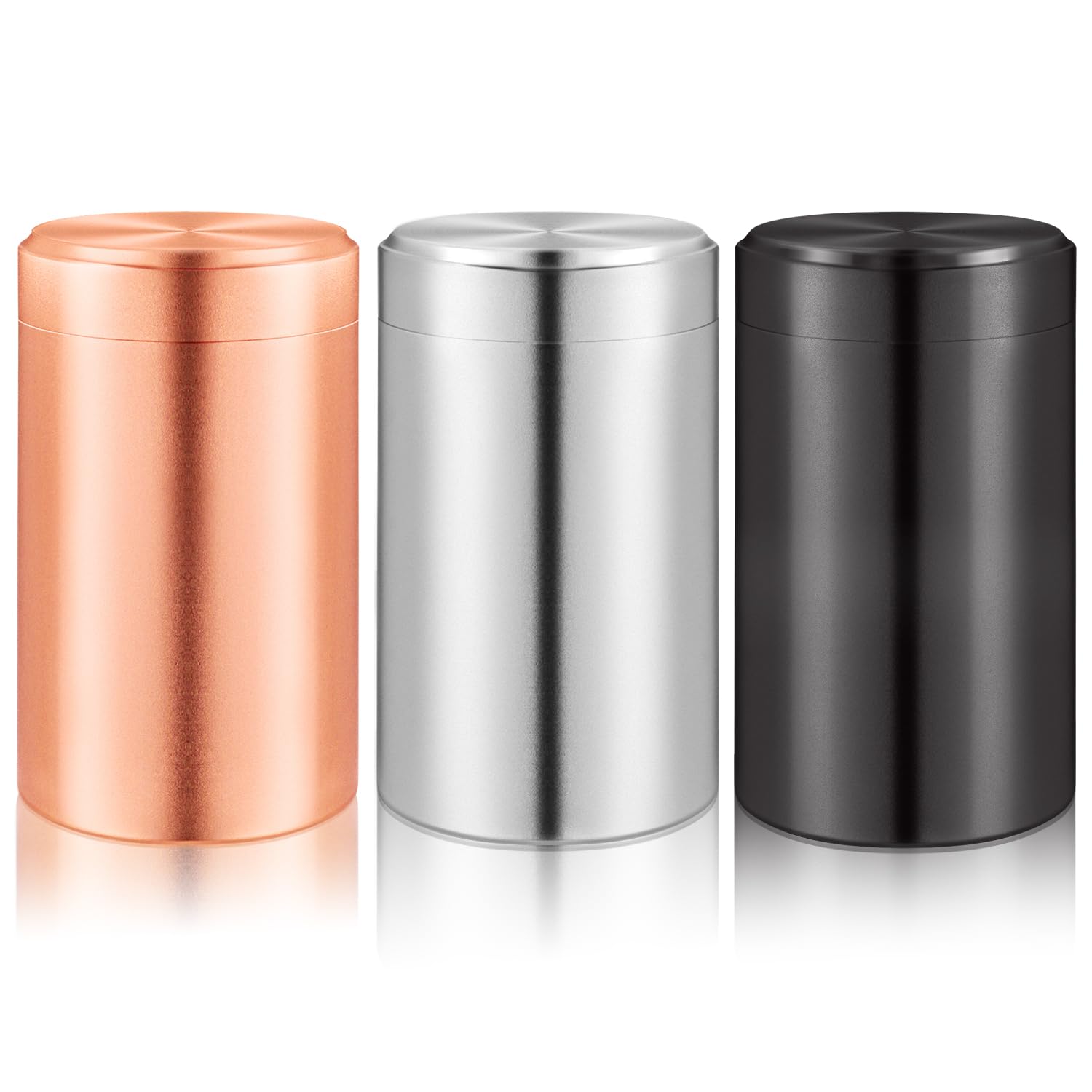 Lot de 3 bocaux de rangement hermétiques en aluminium pour thé, café, épices, voyage, maison, cuisine (noir + argent + or rose) 150 ml