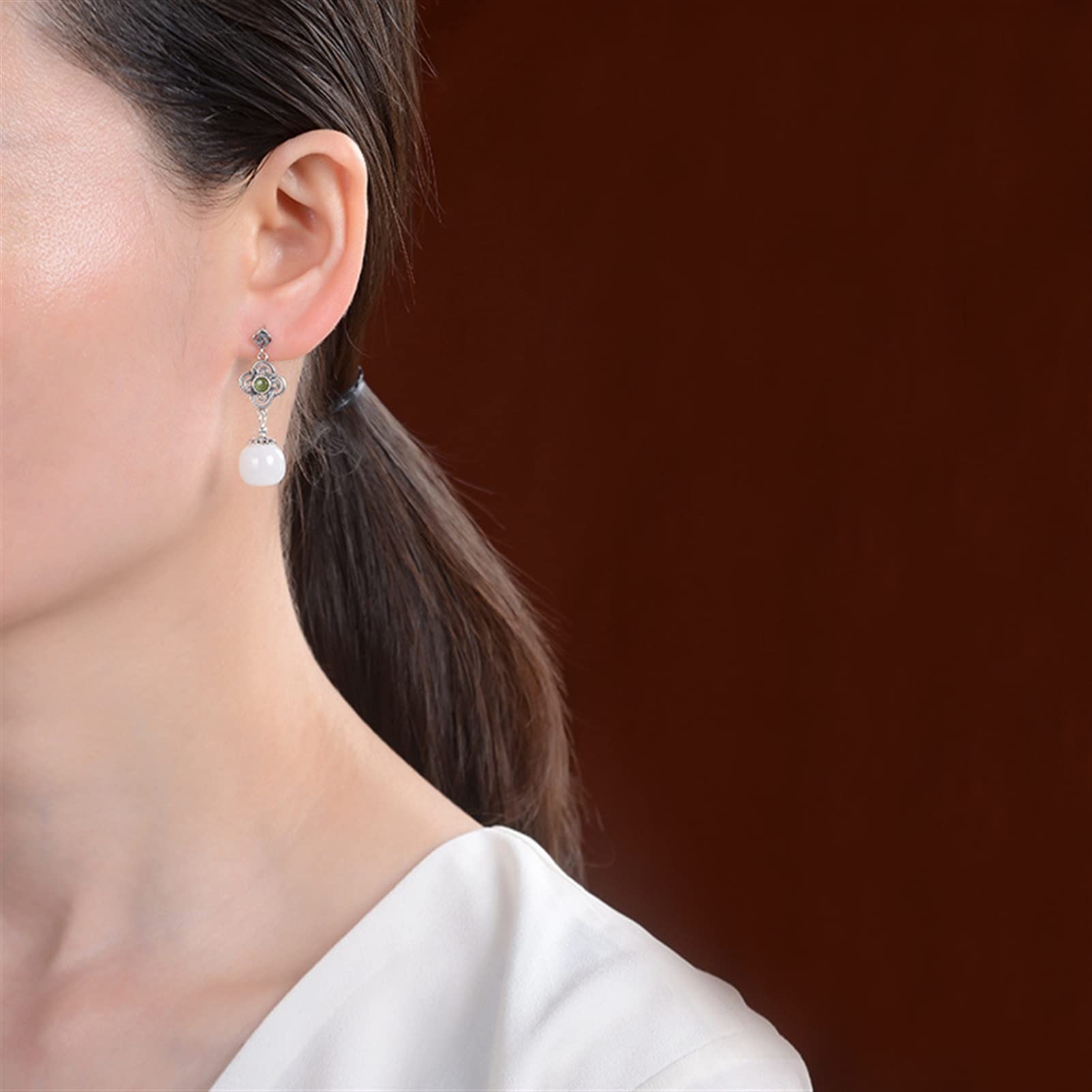 Pendientes de plata S925 con cuentas de barril de jade hetiano para mujer, pendientes para novia