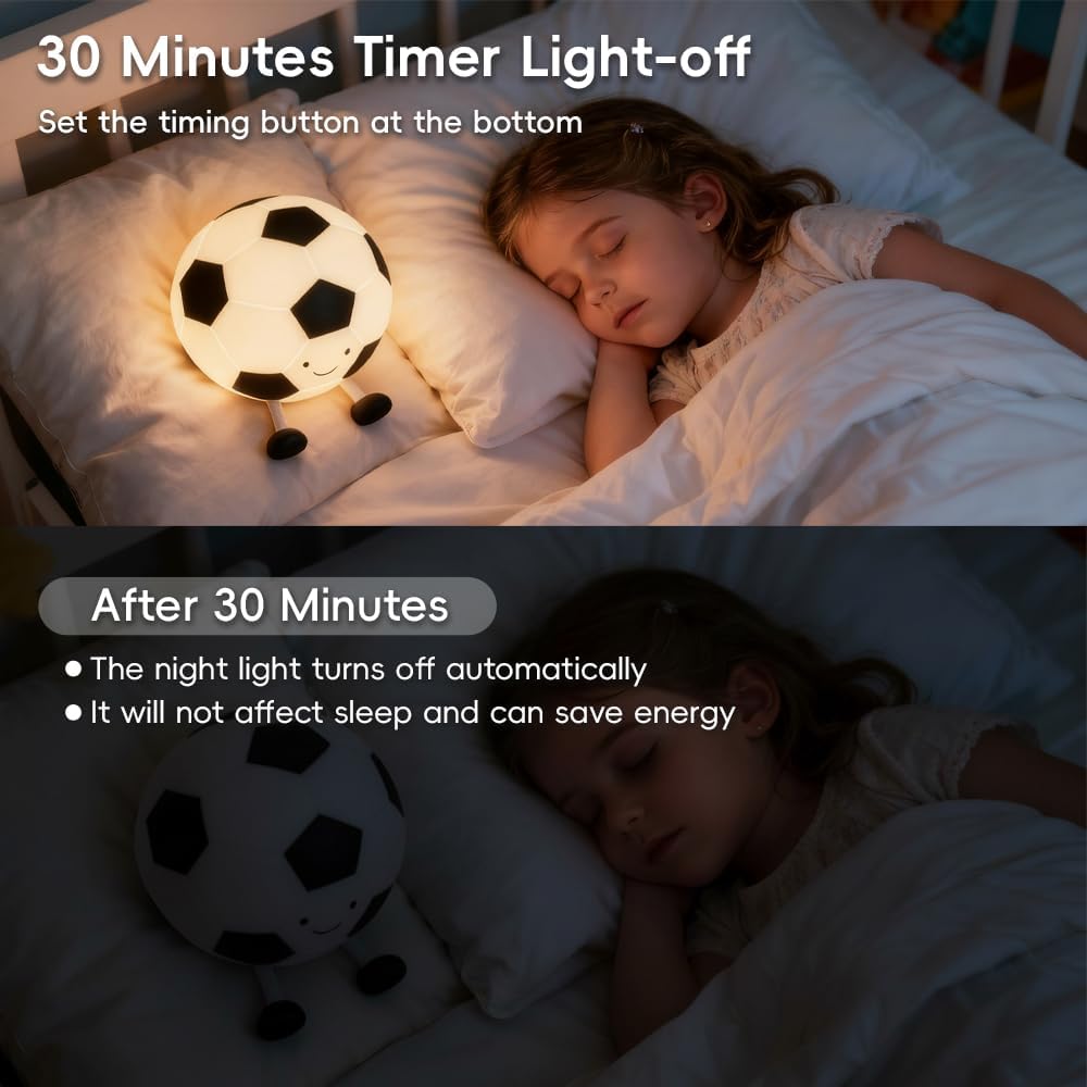 Soccer Night Light for Boys, Soft Silicone Kids Night Light with Timer & Dimmable, Rechargeable Soccer Lamp for Bedroom Nursery Decor Gift