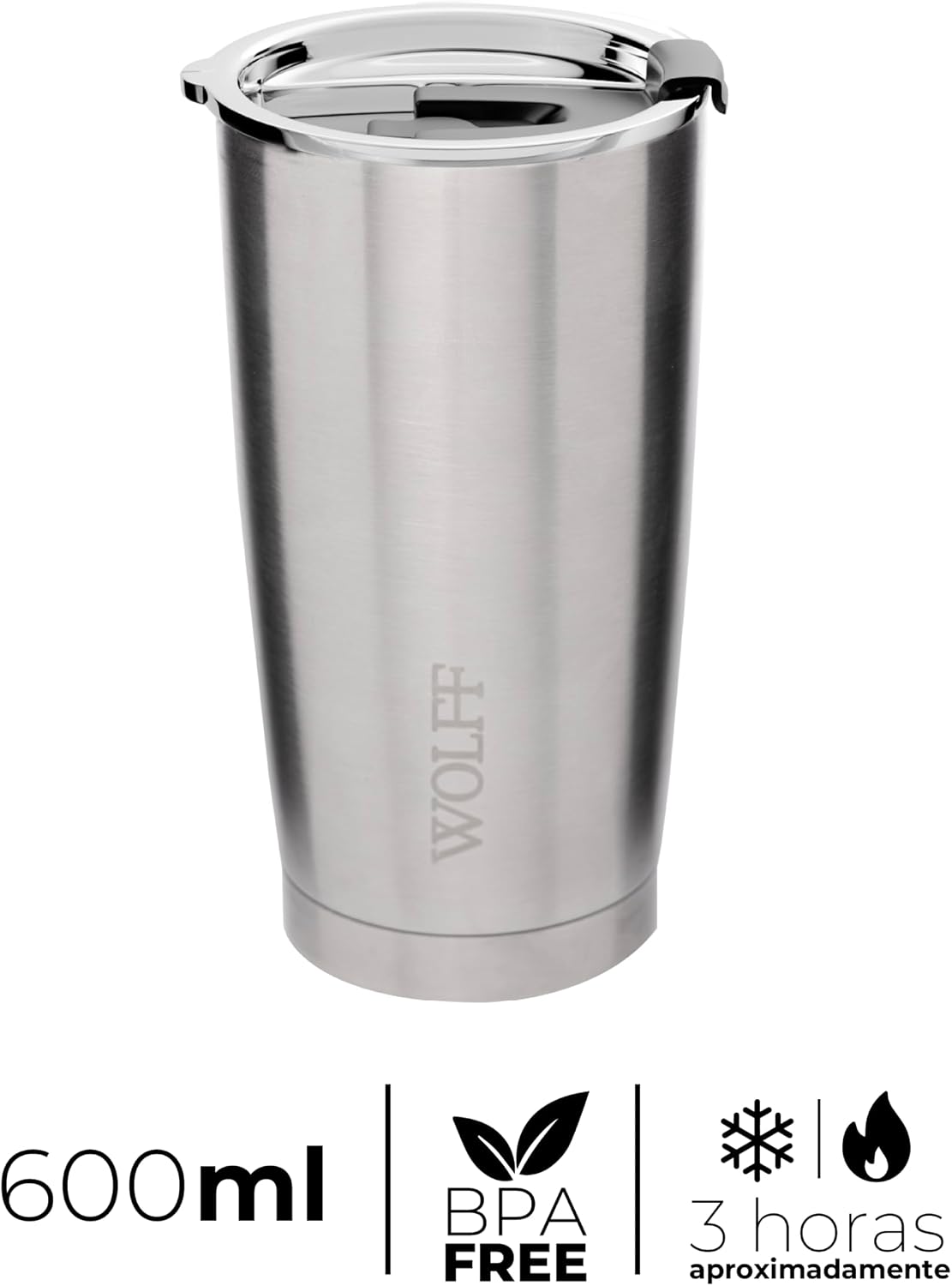 WOLFF - Copo Térmico de Aço Inox Parede Dupla Com Tampa 600ml Prata - Para Viagem - Mantém a Bebida na Temperatura Ideal