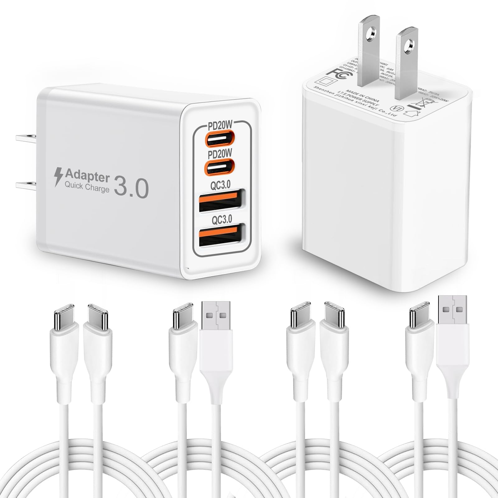 2-Pack 40W Fast Charger,2 Pack USB-C and 2 Pack Type C-C Fast Charging Cable,4-Port PD Power Adapter for iPhone 17/Pro/Pro Max/17 Air/ 16 Series/15 Series,iPad,AirPods,Watch,Samsung and More