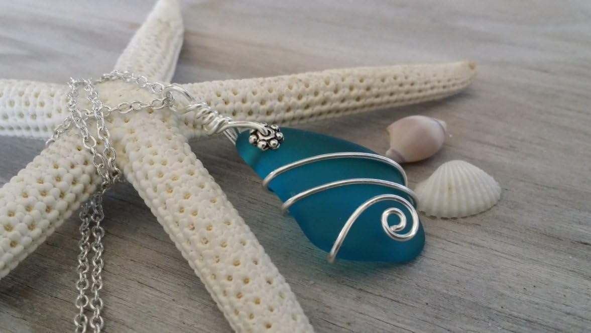 yinahawaii Handmade wire wrapped teal blue sea glass necklace, (Hawaii Gift Wrapped, Customizable Gift Message)