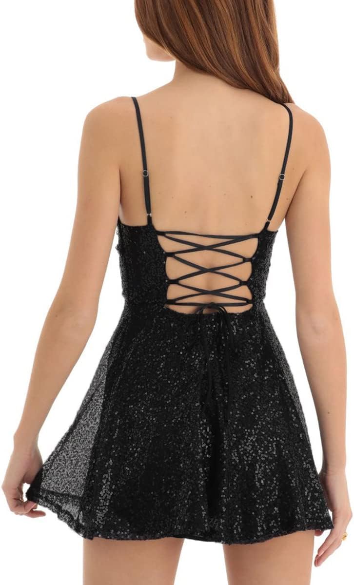 FEORJGP Womens Sparkly Sequin Mini Dress Shiny Spaghetti Strap Short Dress Glitter Disco Slip Dresses Cocktail Party Clubwear - Image 4