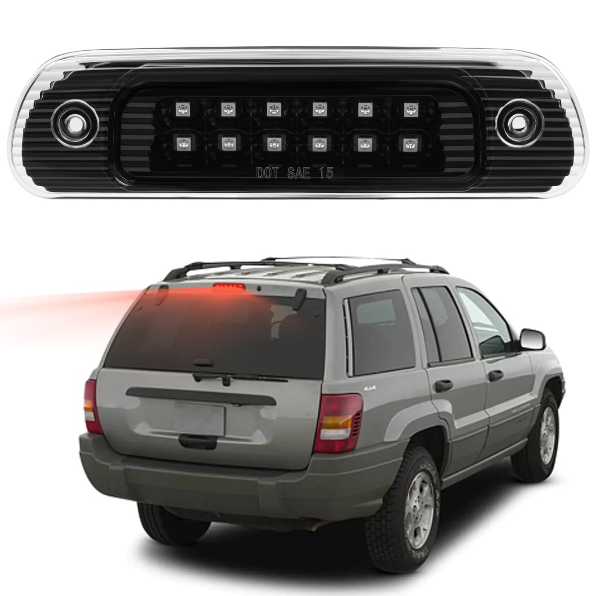 BYKIT LED Third 3rd Brake Light Assembly Compatible with 1999 2000 2001 2002 2003 2004 Jeep Grand Cherokee High Mount Stop Light Accessories - Clear Lens (Pack of 1)