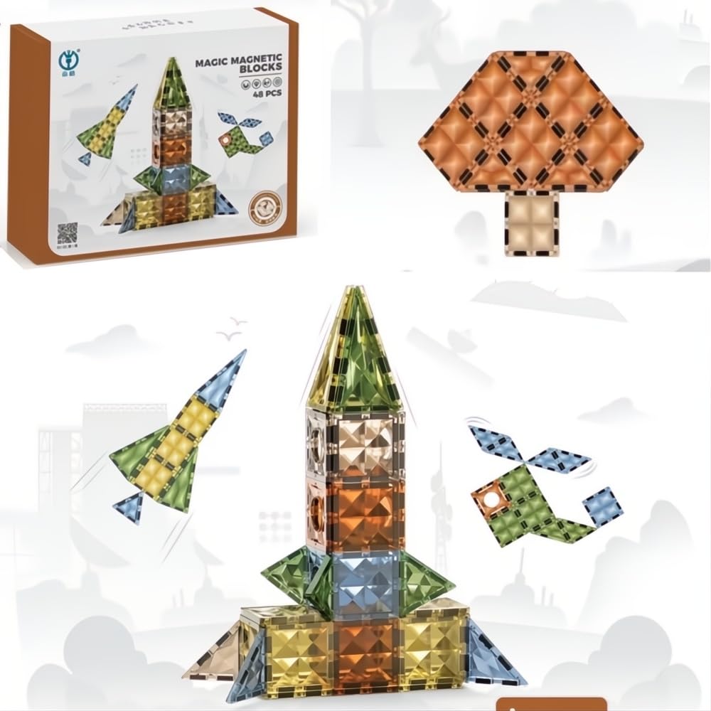 HAPPY HUES® Magnetic Tiles- 48 pcs-Building Blocks for Kids, 3D Clear Educational Toys, STEM Magnetic Blocks Toys for Kids Ages 3 4 5 6 7 8 10+Year Old Boys Girls Creative Gift- Multicolor