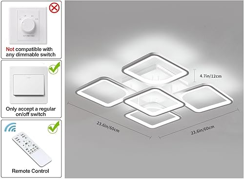 Miniatura 3 de Jaycomey Lámpara de techo LED moderna regulable, 23.6 pulgadas, montaje empotrado, con control remoto, lámpara de techo acrílica de 5 cuadrados para