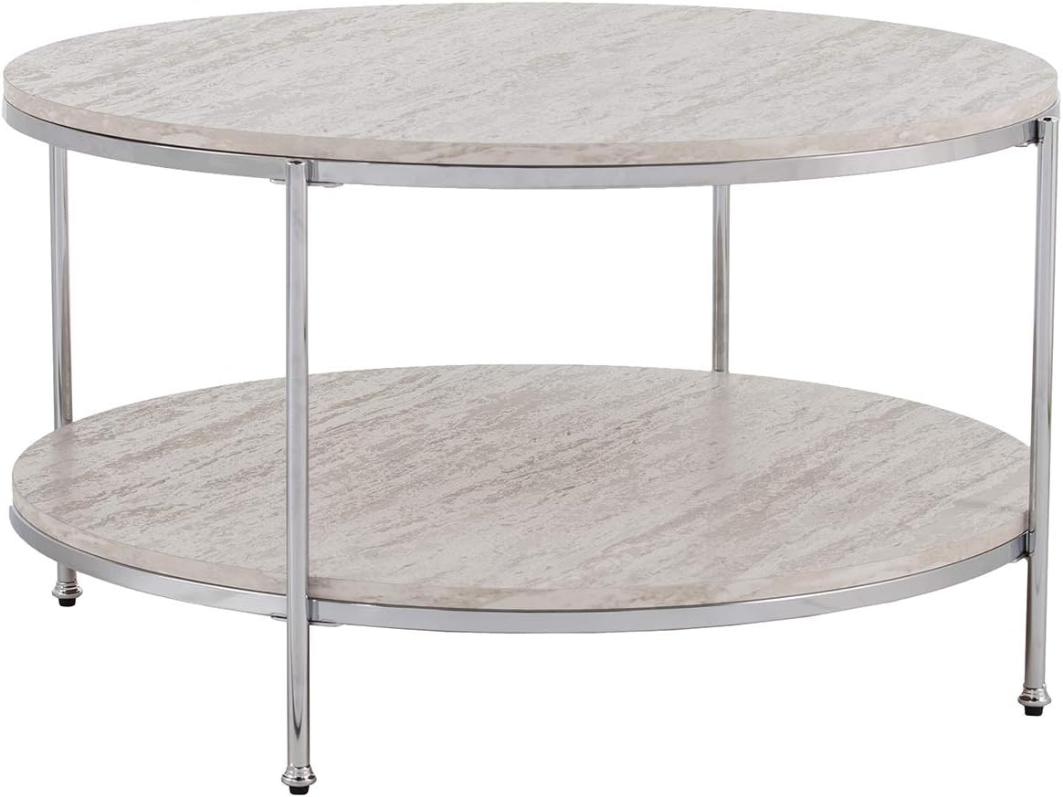Furniture HotSpot Silas Round Faux Stone Cocktail Table Chrome