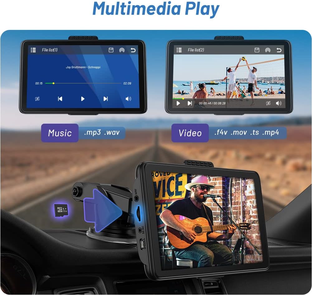 Image demonstrating multimedia playback on the AotuLink car stereo, showing music (.mp3, .wav) and video (.f4v, .mov, .ts, .mp4) playback from a TF card.