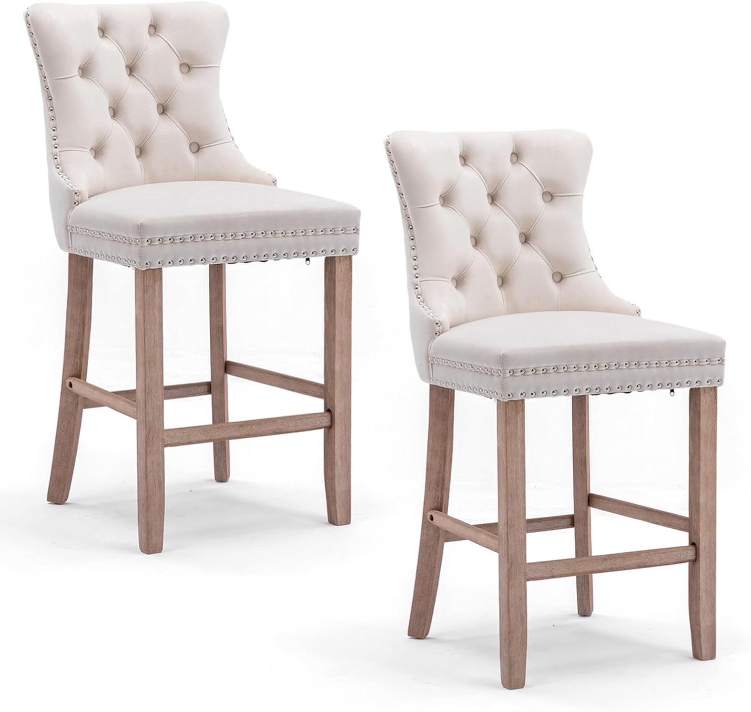 Farmhouse Bar Stools Set of 2 Velvet, Bar Chairs with Tufted Back and Wooden Legs,26.3" Upholstered Counter Height Bar Stools Chrome Nailhead Trim for for Kitchen,Cafe,Bar,Dining Room,Beige