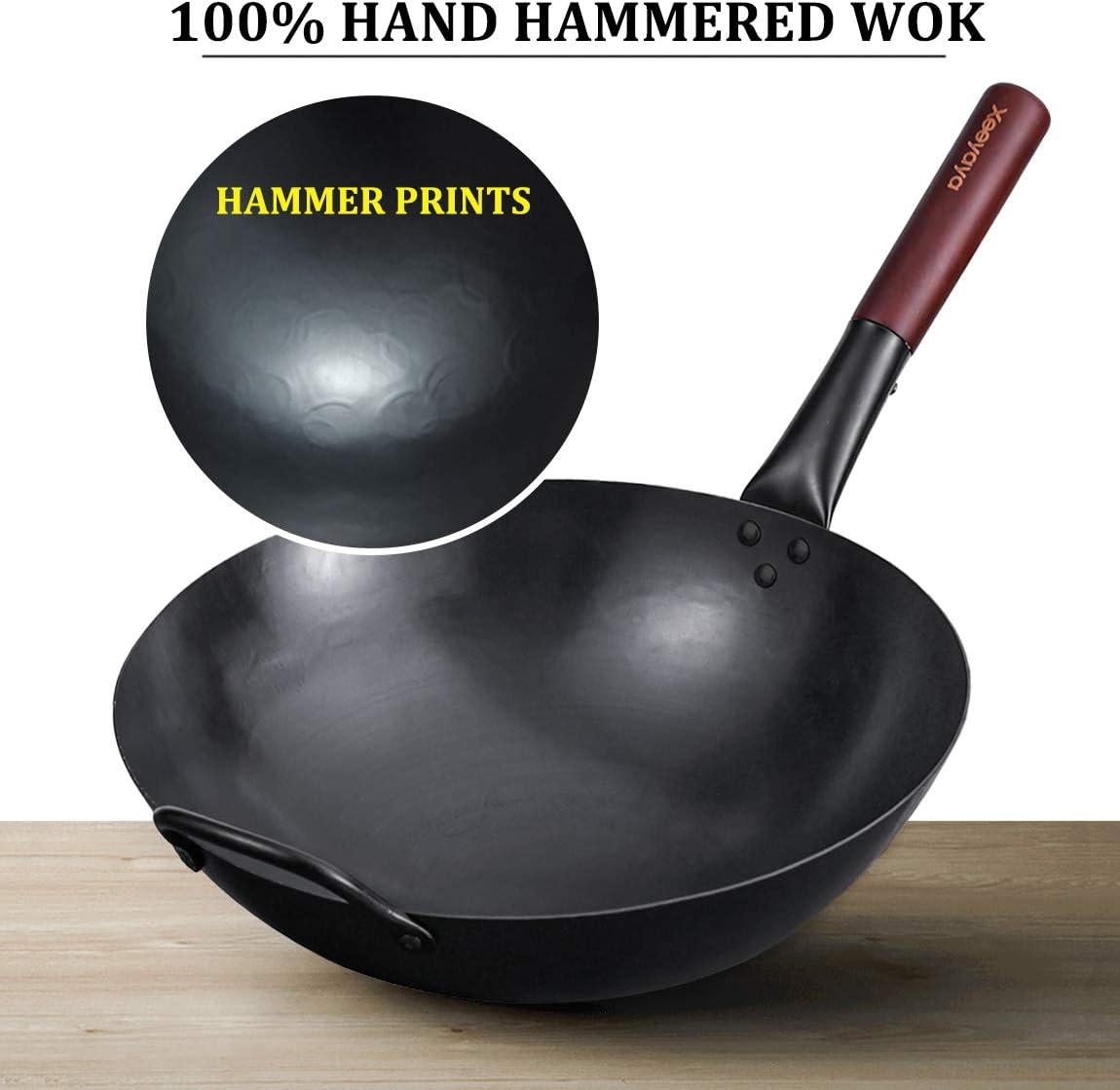 Carbon Steel Wok Pan with Ring, Chinese Woks and Stir Fry Pans, 14" Large Hand Hammered Traditional Round Bottom Wok by Xeeyaya : Everything Else