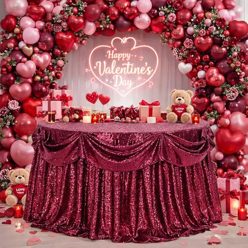 Image of B-COOL Round Sequin Tablecloth Draping Decorations: Burgundy 90 Inch Tablecloths Sequin Overlay Green Shimmer Fabric for Birthday Dinner Parties Valentines Day Graguation Christmas