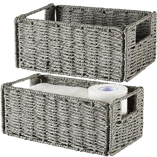 Image of Vagusicc Wicker Storage Basket, Set of 2 Hand-Woven Paper Rope Wicker Basket, Small Storage Baskets for Organizing Toilet Paper Basket, Foldable Large Cube Storage Organizer Bins for Shelves (Grey)