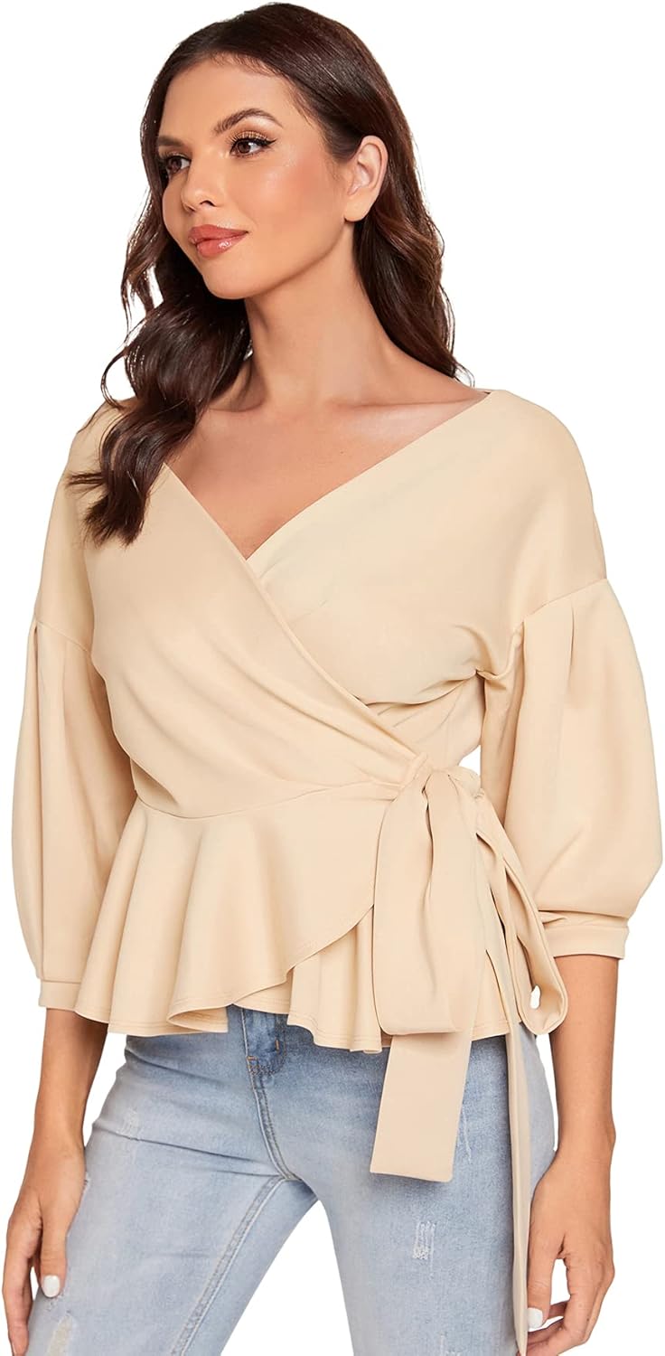SheIn Women's Long Sleeve V Neck Ruffle Blouse Off Shoulder Tie Waist Wrap Tops at  Women’s Clothing store
