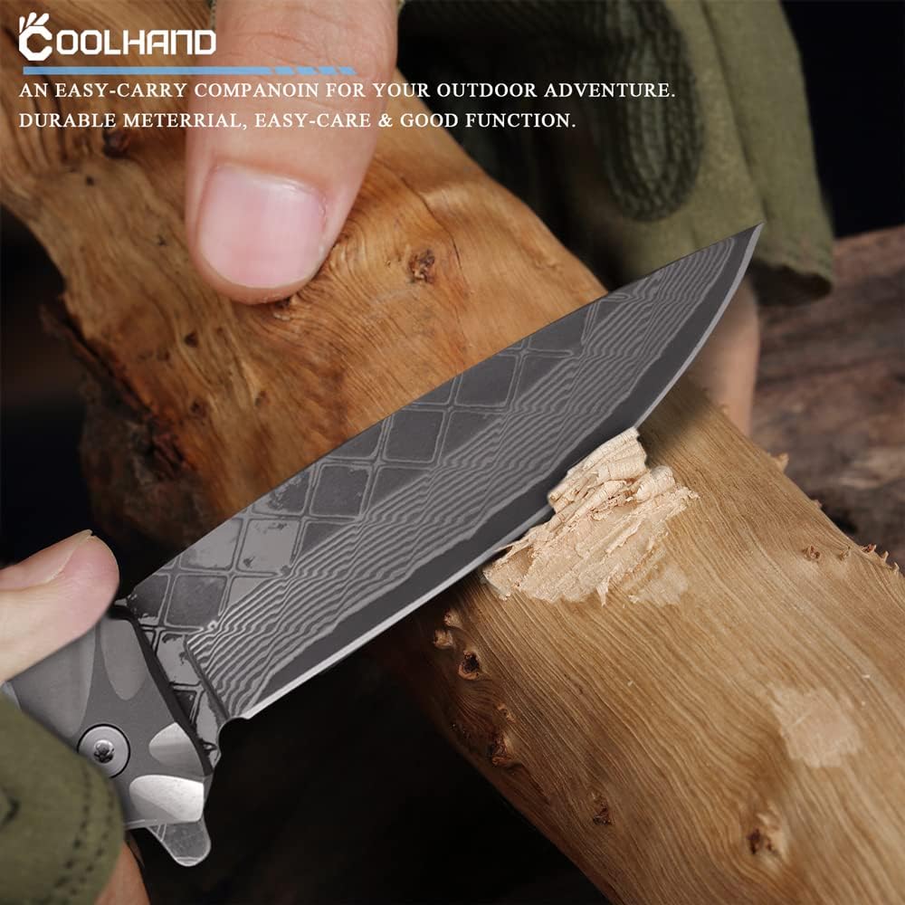 Cool Hand 4.6'' Damascus Steel Folding Knife, Titanium Frame Lock Knives w/ 3'' VG10 Steel Blade, Textured TC4 Titanium Handle and Clip, Perfect for EDC Gentlemen Titanium Pocket Knife and Outdoor Camping Use
