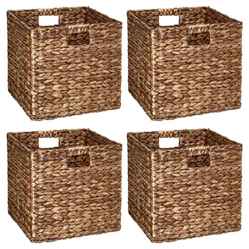 IsVie Woven Hyacinth Storage Baskets 4 Pack, Rectangle Storage Container Organizer Baskets with Built-in Handles Home Organizing Laundry Organizer Cube Baskets (Brown, Set of 4)