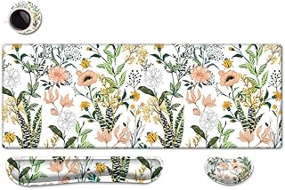 Keyboard Mouse Pad Set,Desk Pad + Keyboard Wrist Rest Support+Wrist Rest, Easy Typing Pain Relief, 3Pcs (31.5×11.8 in) Ergonomic XXL Ultra Thick Mousepad Desk Mat Cute Floral